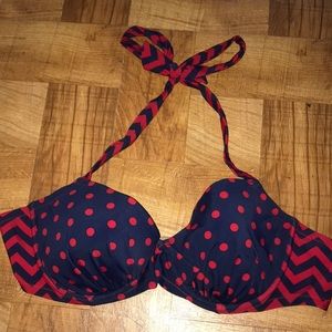 Red and blue bikini top